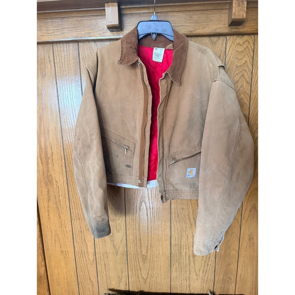 Vintage Carhartt 996QZ Detroit Jacket Brown Duck Red Quilted Lining USA Mens 48S